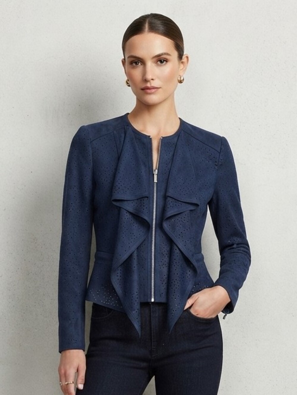 BCBGMaxAzria Dark Blue Perforated Ruffle Faux Suede Jacket Women’s Size XS